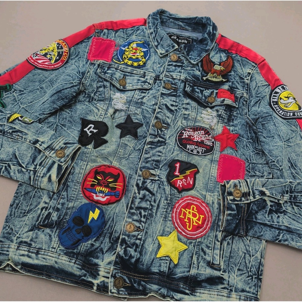 Reason Multicolor Distressed Patched Denim Biker Jacket Men Sz L Acid Wash